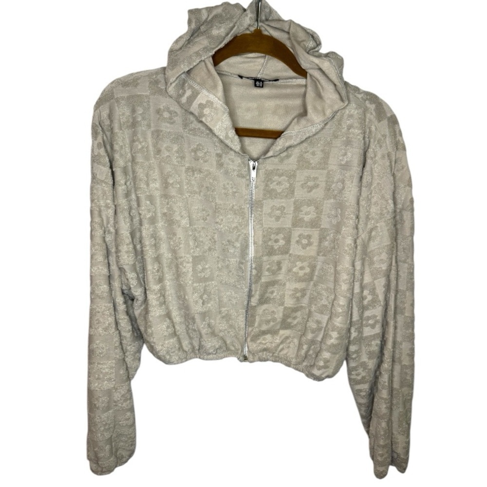 Missguided Tan/Beige Floral Patterned Cropped Zip Up Hoodie